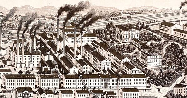 Diese Chromolithographie zeigt das Ludwigsburger Hauptwerk von Franck um 1897, kurz bevor es umgebaut wurde.
